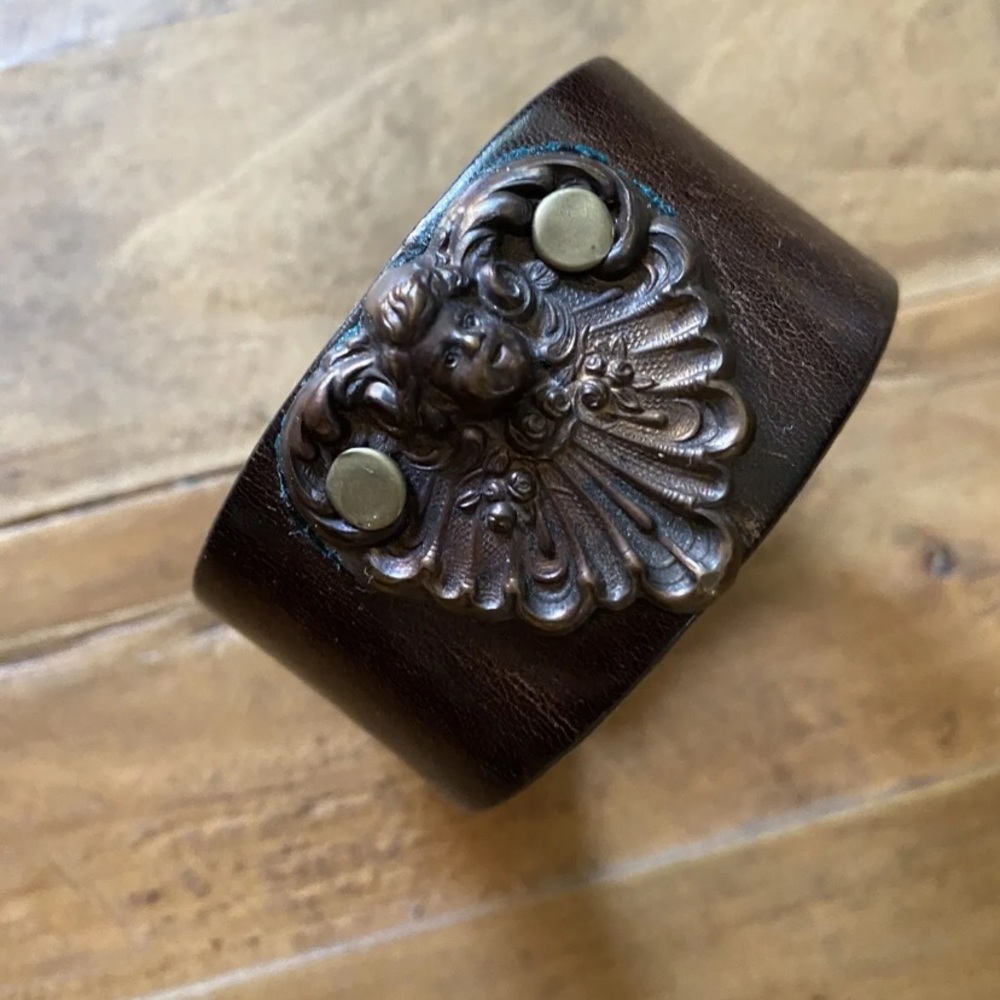 Bombshell Betty Shop Brown Leather Brass Cherub Cuff Bracelet Refurbished NEW!!